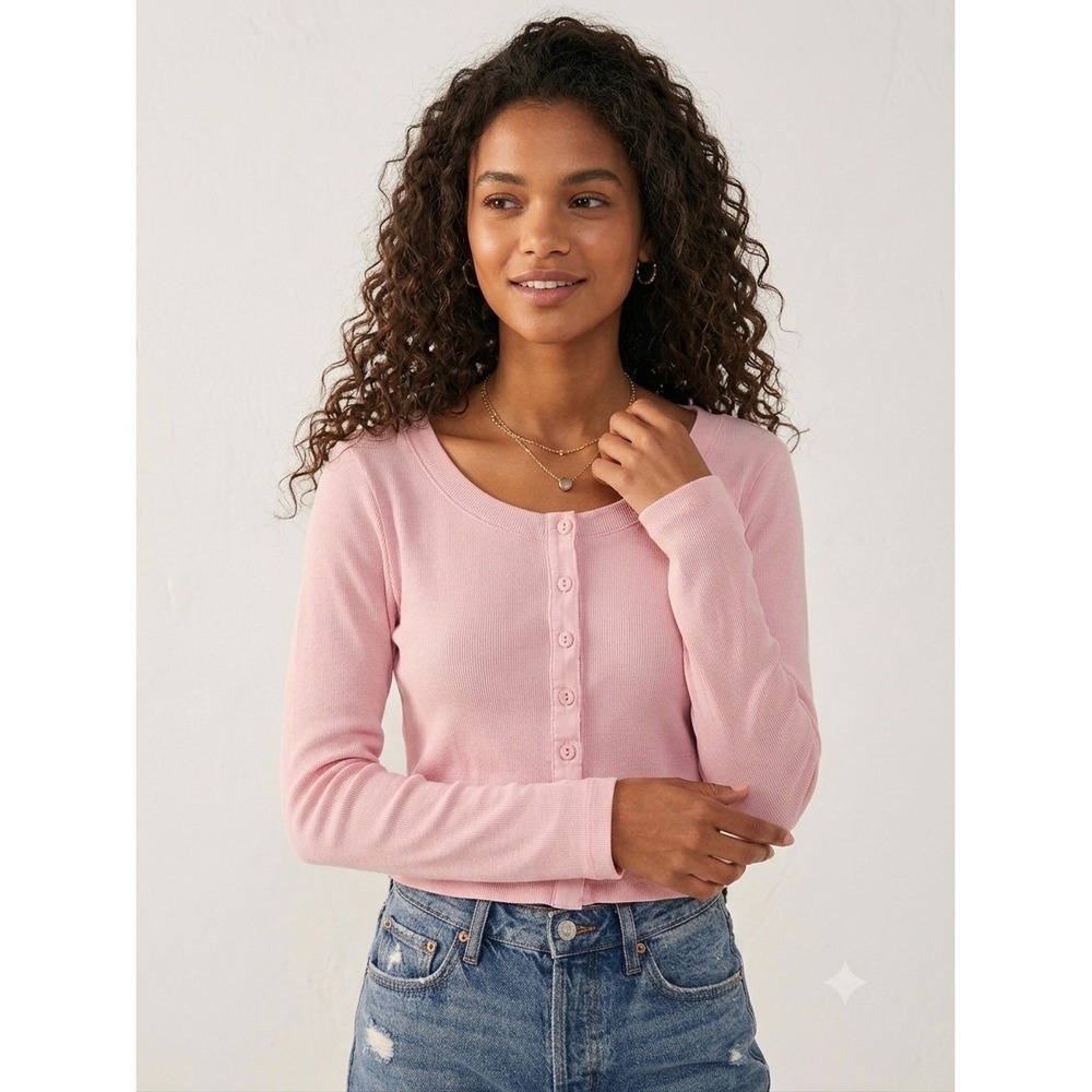 Free-est Free People Light Pink Button Up Knit Cardigan Ribbed Large